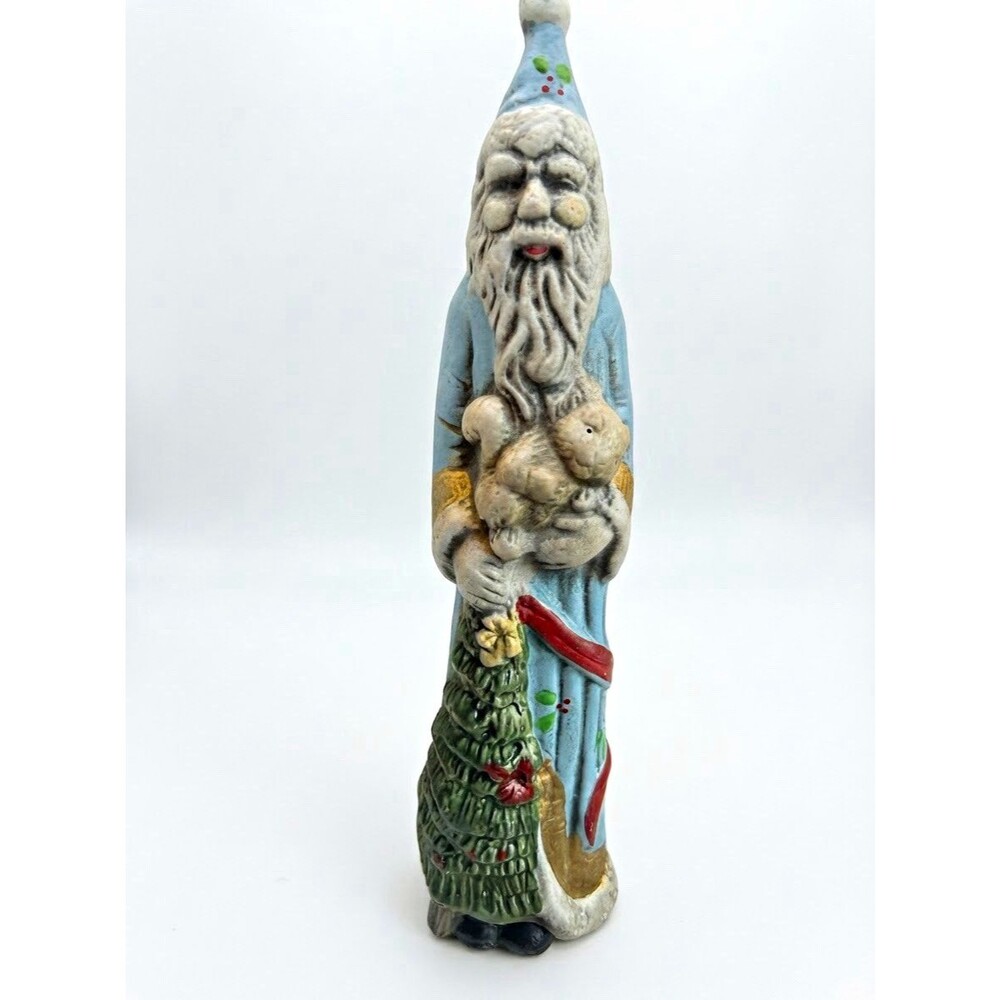 Vintage Style Blue Robe Santa with Squirrel Figurine w/ Holly Berry & Red Ribbon